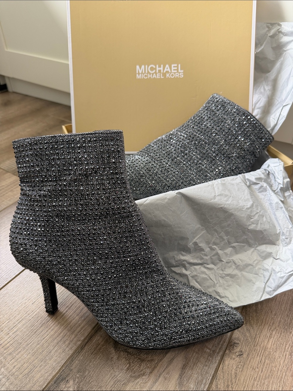 MICHAEL Michael Kors Gunmetal Sparkle Knit Pointed Ankle Boots